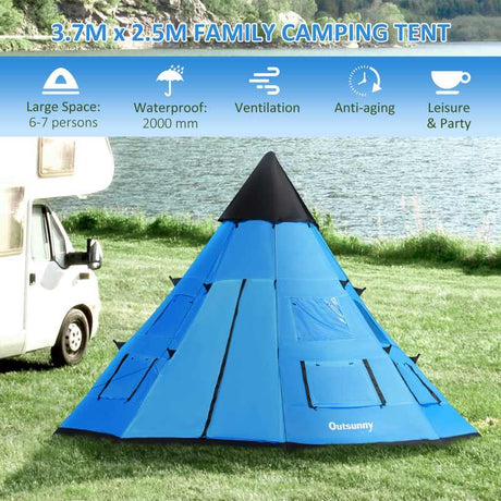 Outsunny 6 Men Tipi Tent, Camping Tent, Teepee Family Tent with Mesh Windows, Sewn-in Tent Floor, Two Doors and Carry Bag, Easy Set Up, for Hiking Picnics Outdoor Night, Blue