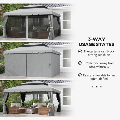 Outsunny 3 x 4m Aluminium Garden Gazebo, Marquee Canopy Shelter Pavilion Party Tent with Nets and Curtains for Garden and Deck, Light Grey