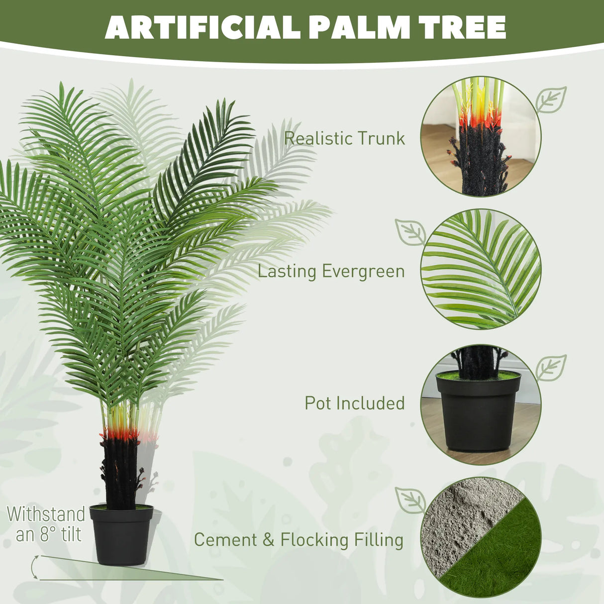 HOMCOM 150cm Artificial Areca Palm Tree with 12 PE Leaves, Decorative Artificial Plant with Plastic Pot and Flocked Soil, Fake Plant for Home Office Decor, Green