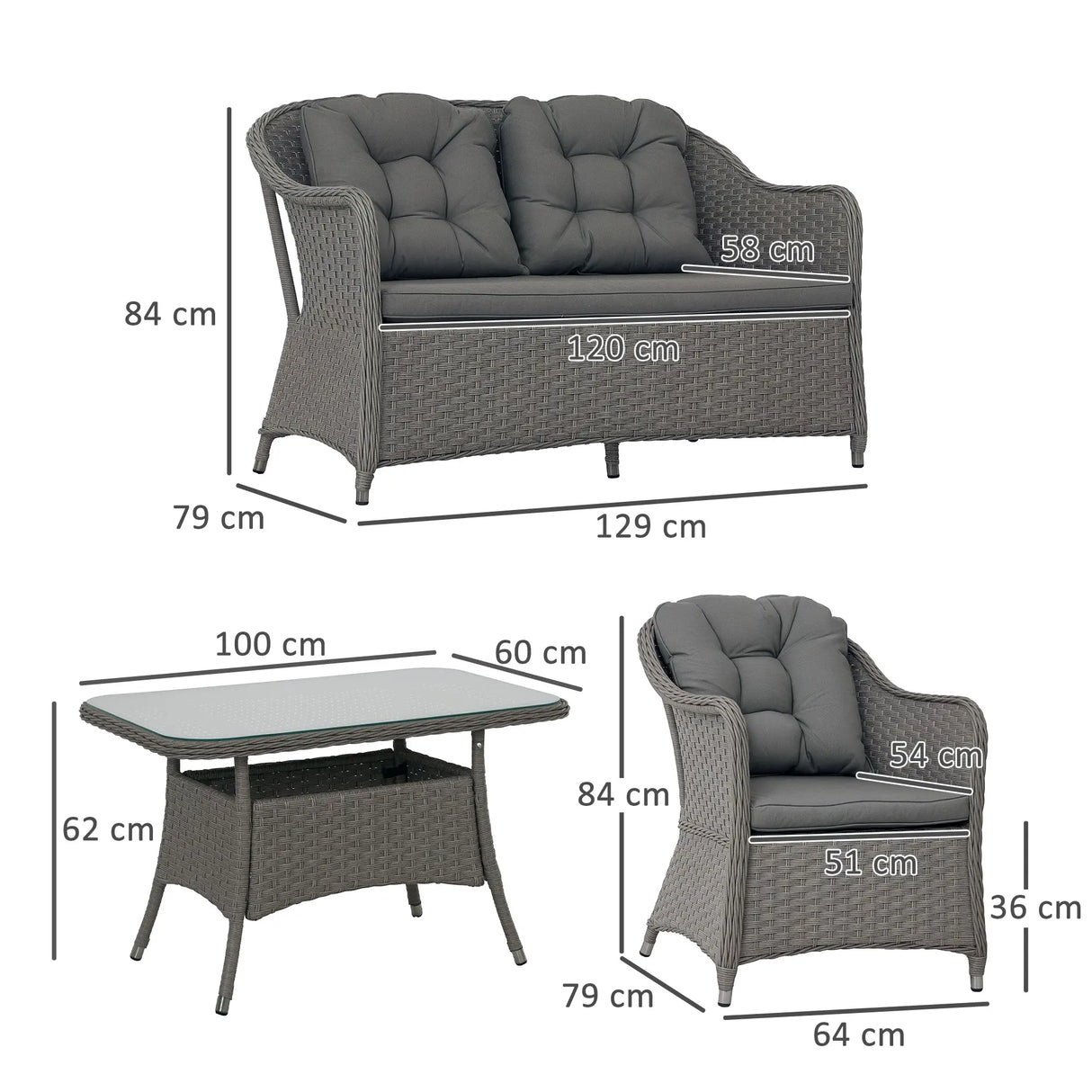 Outsunny Four-Piece Rattan Set, with Glass-Top Table - Light Grey