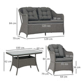 Outsunny Four-Piece Rattan Set, with Glass-Top Table - Light Grey