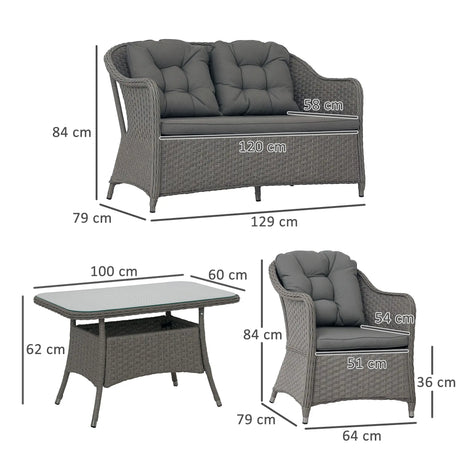 Outsunny Four-Piece Rattan Set, with Glass-Top Table - Light Grey