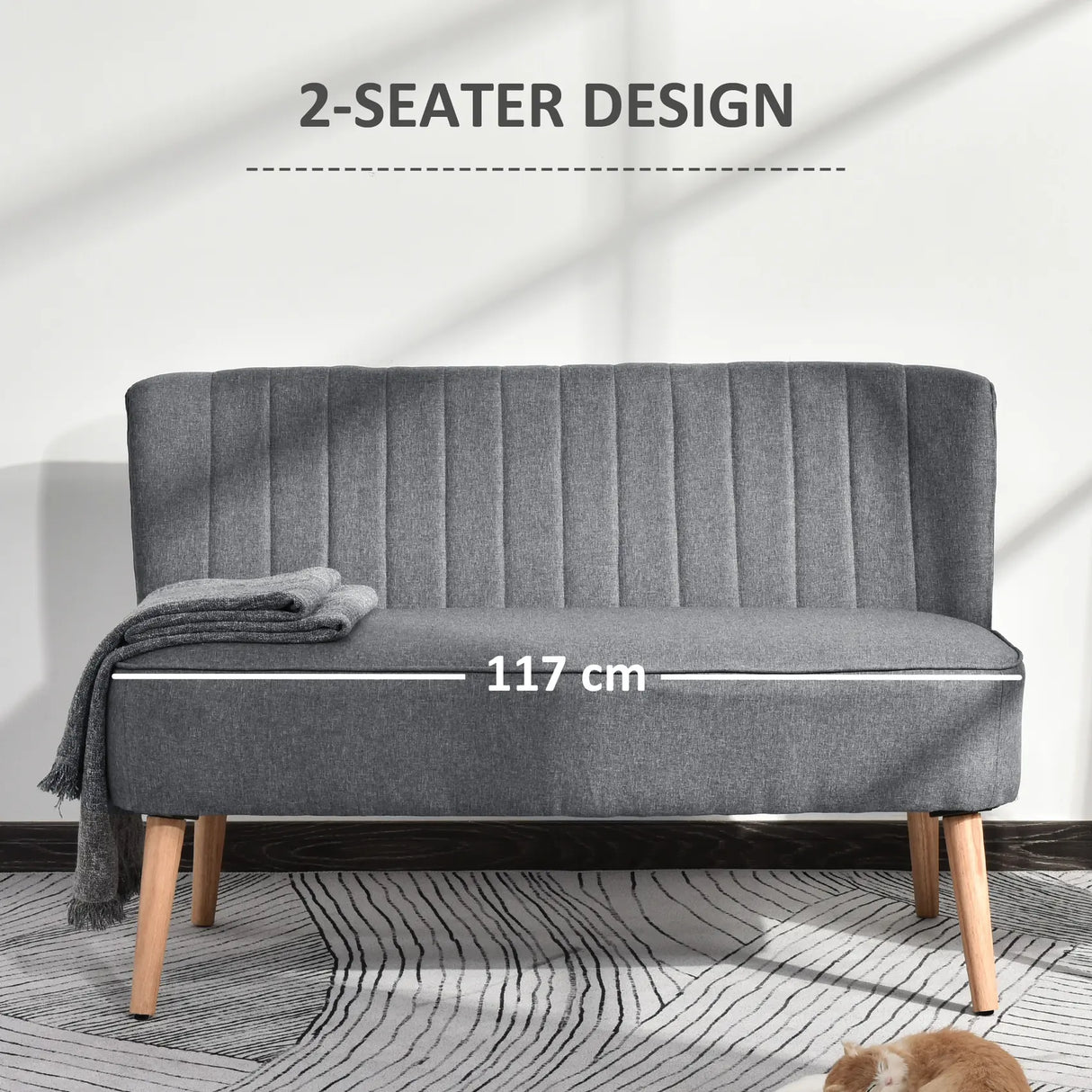 HOMCOM Modern Double Seat Sofa Loveseat Couch 2 Seater Compact Sofa Padded Linen Wood Leg Grey