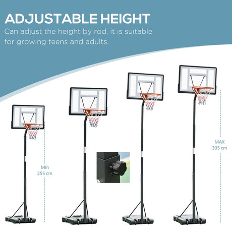 HOMCOM Basketball Hoop Freestanding 255-305cm Hoop Height Adjustable Stand with Backboard Wheels for Teens Adults Black