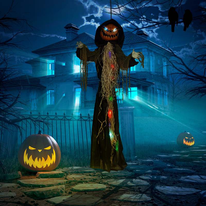 HOMCOM 198cm 78" Straw Pumpkin Halloween Decoration, Halloween Prop with Light Up Eyes, for Haunted House Indoor Outdoor Decor