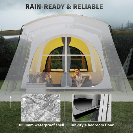 Outsunny 4 Man Tunnel Tent, Family Camping Tent with Porch, Bedroom and Living Area, Sewn in Groundsheet, 3000mm Waterproof, Portable with Bag for Hiking, Festival, Backpacking, Khaki