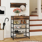 5-Tier Shoe Rack with Wall-Mounted Coat Rack and Hooks-Rustic Brown