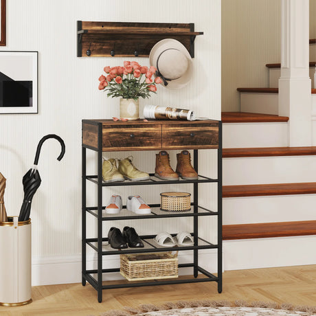5-Tier Shoe Rack with Wall-Mounted Coat Rack and Hooks-Rustic Brown
