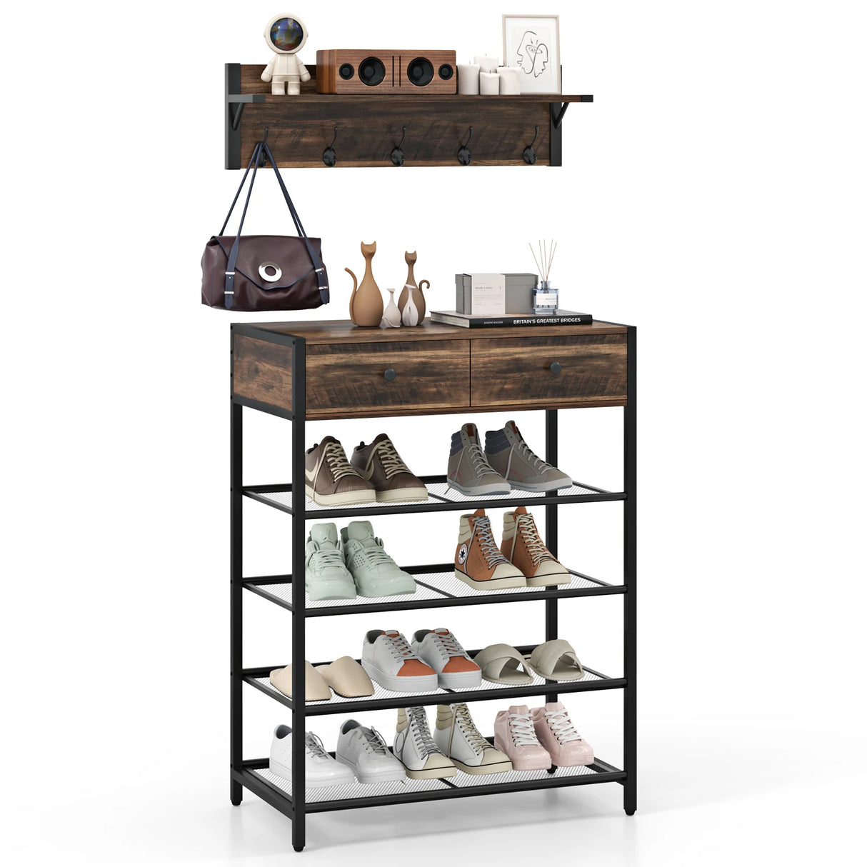 5-Tier Shoe Rack with Wall-Mounted Coat Rack and Hooks-Rustic Brown