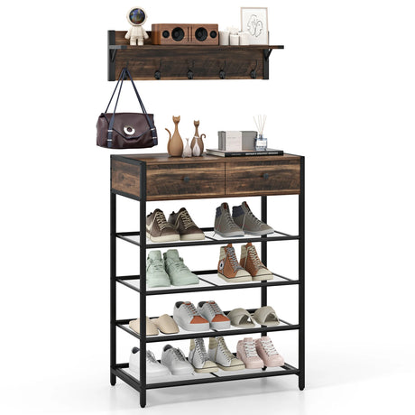 5-Tier Shoe Rack with Wall-Mounted Coat Rack and Hooks-Rustic Brown