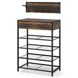 5-Tier Shoe Rack with Wall-Mounted Coat Rack and Hooks-Rustic Brown