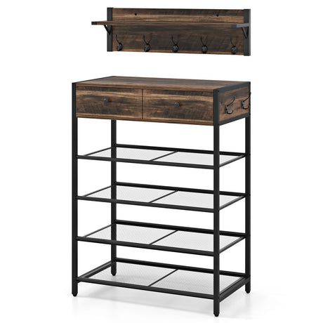 5-Tier Shoe Rack with Wall-Mounted Coat Rack and Hooks-Rustic Brown