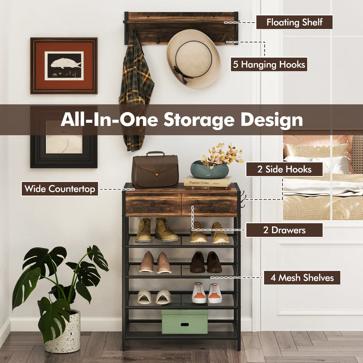 5-Tier Shoe Rack with Wall-Mounted Coat Rack and Hooks-Rustic Brown
