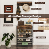 5-Tier Shoe Rack with Wall-Mounted Coat Rack and Hooks-Rustic Brown