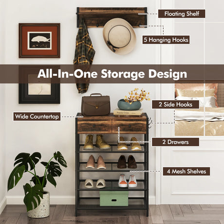 5-Tier Shoe Rack with Wall-Mounted Coat Rack and Hooks-Rustic Brown