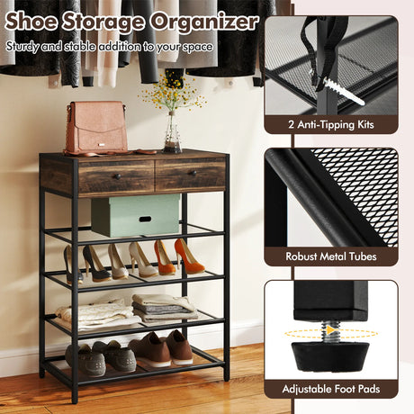 5-Tier Shoe Rack with Wall-Mounted Coat Rack and Hooks-Rustic Brown