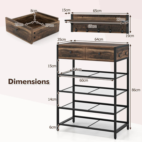 5-Tier Shoe Rack with Wall-Mounted Coat Rack and Hooks-Rustic Brown