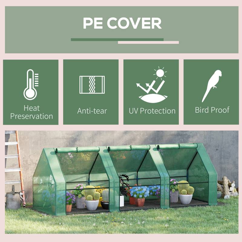 Outsunny Mini Small Greenhouse with Steel Frame & PE Cover & Zipped Window Poly tunnel Steeple for Plants Vegetables, 270 x 90 x 90 cm, Green