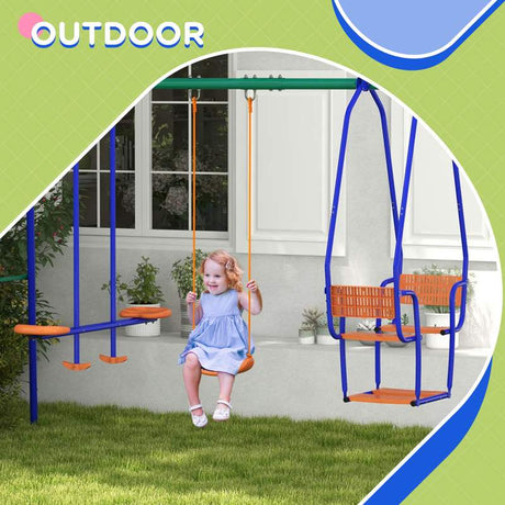 Outsunny Three-In-One Kids Metal Swing Set with Swing, Glider, Rocking Chair Swing, for Ages 3+ years - Orange and Blue