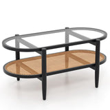 2-Tier Coffee Table with Tempered Glass Tabletop and Acacia Wood Frame-Black