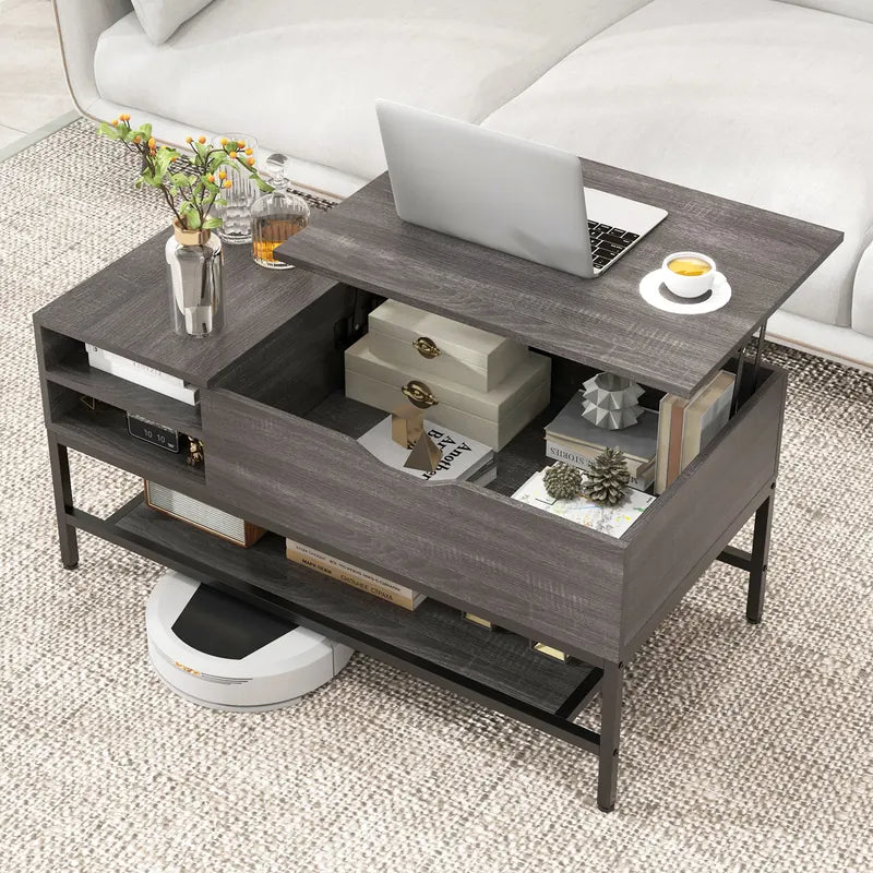 Lift Top Coffee Table with Hidden Compartment and Removable Shelf-Grey