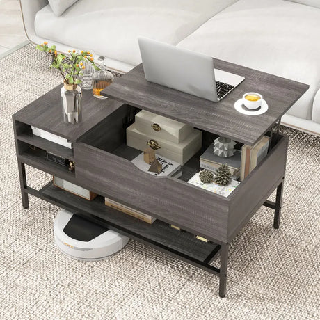 Lift Top Coffee Table with Hidden Compartment and Removable Shelf-Grey