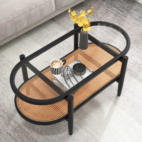 2-Tier Coffee Table with Tempered Glass Tabletop and Acacia Wood Frame-Black