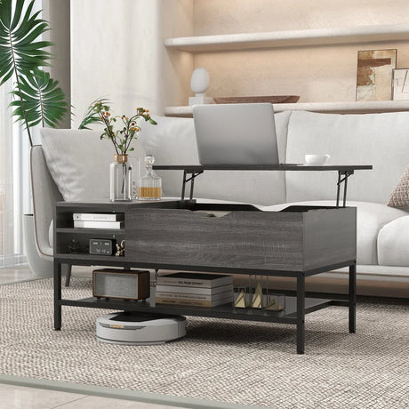 Lift Top Coffee Table with Hidden Compartment and Removable Shelf-Grey