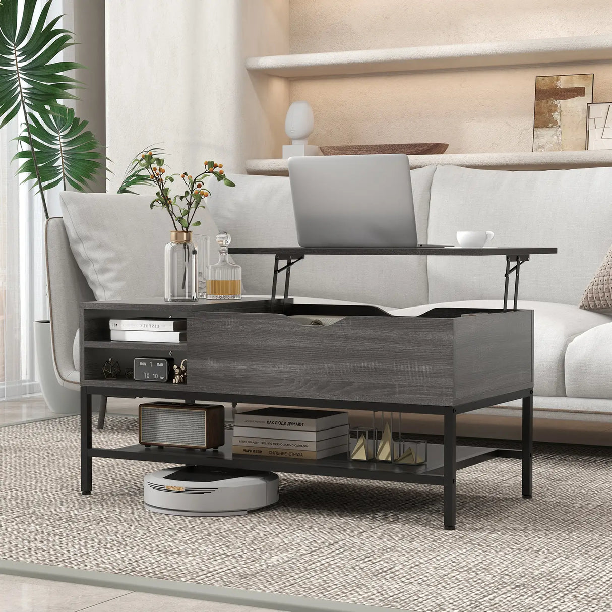 Lift Top Coffee Table with Hidden Compartment and Removable Shelf-Grey