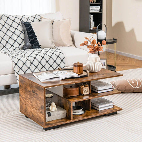 Coffee Table 3-Tier Rectangular Center with L-Shaped Middle Shelf-Rustic Brown