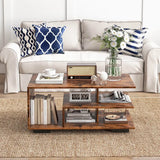 Coffee Table 3-Tier Rectangular Center with L-Shaped Middle Shelf-Rustic Brown