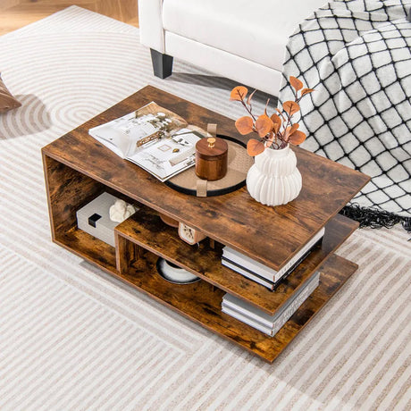 Coffee Table 3-Tier Rectangular Center with L-Shaped Middle Shelf-Rustic Brown