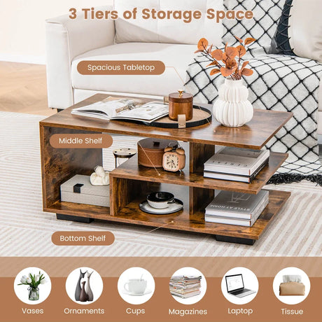 Coffee Table 3-Tier Rectangular Center with L-Shaped Middle Shelf-Rustic Brown