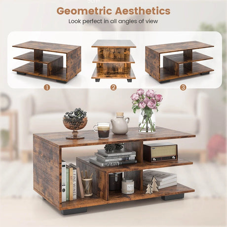 Coffee Table 3-Tier Rectangular Center with L-Shaped Middle Shelf-Rustic Brown