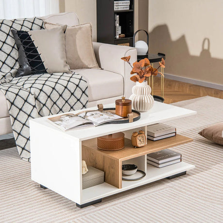 Coffee Table 3-Tier Rectangular Center with L-Shaped Middle Shelf-White
