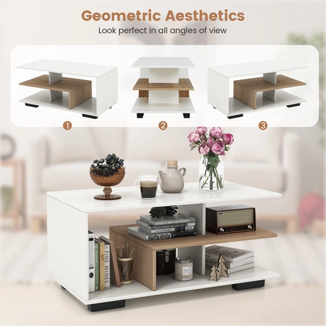 Coffee Table 3-Tier Rectangular Center with L-Shaped Middle Shelf-White