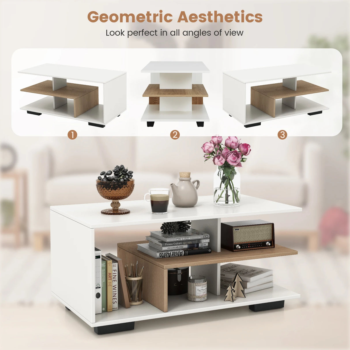 Coffee Table 3-Tier Rectangular Center with L-Shaped Middle Shelf-White