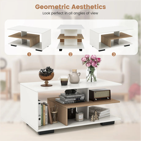 Coffee Table 3-Tier Rectangular Center with L-Shaped Middle Shelf-White