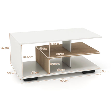 Coffee Table 3-Tier Rectangular Center with L-Shaped Middle Shelf-White