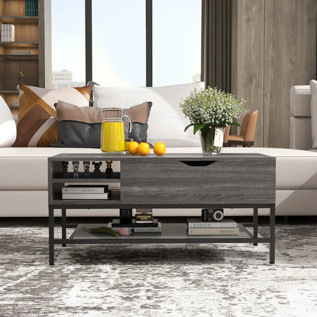 Lift Top Coffee Table with Hidden Compartment and Removable Shelf-Grey