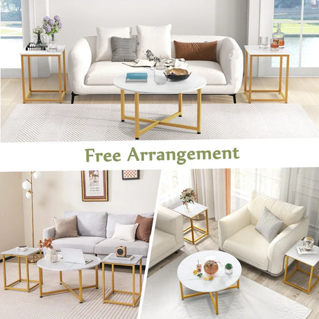 3-Piece Coffee Table Set with Heavy-duty Metal Frame-White