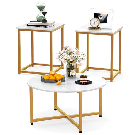 3-Piece Coffee Table Set with Heavy-duty Metal Frame-White