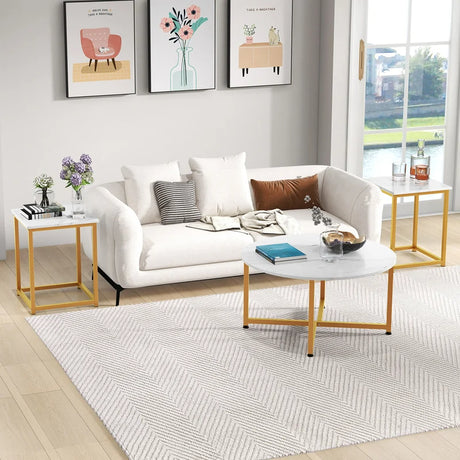 3-Piece Coffee Table Set with Heavy-duty Metal Frame-White