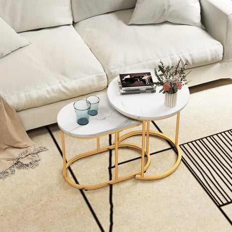 Set of 2 coffee tables with marble look, wooden side table with gold-colored metal legs