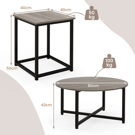 3-Piece Coffee Table Set Round Coffee Table and 2PCS Square End Tables-Gray