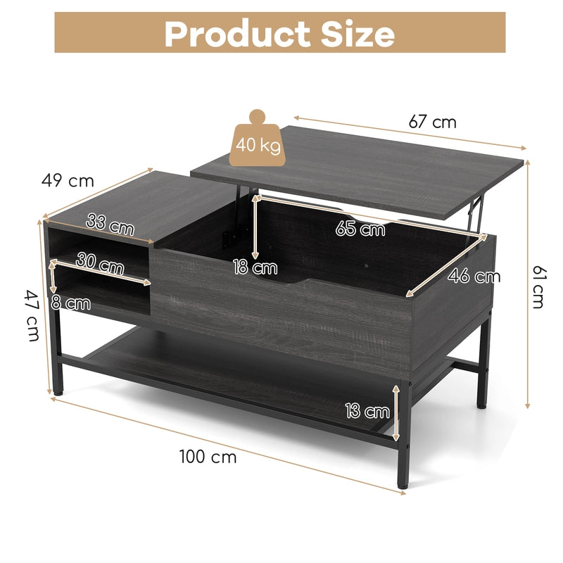Lift Top Coffee Table with Hidden Compartment and Removable Shelf-Grey
