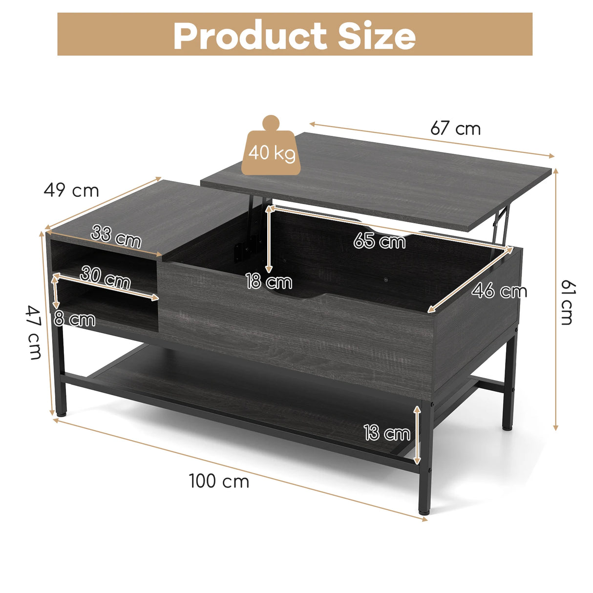 Lift Top Coffee Table with Hidden Compartment and Removable Shelf-Grey