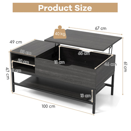 Lift Top Coffee Table with Hidden Compartment and Removable Shelf-Grey