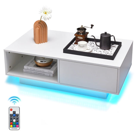Coffee table with 20 colors LED lights and remote control 95 x 55 x 31 cm White