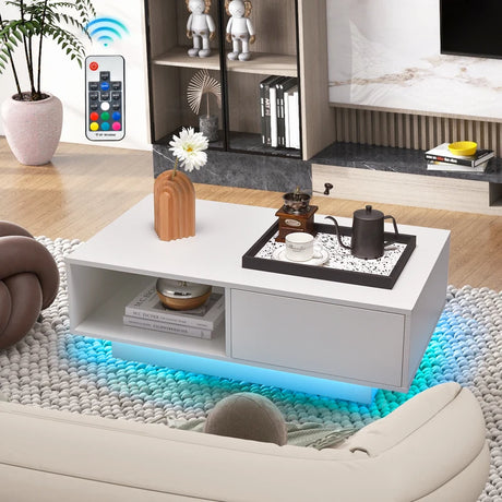 Coffee table with 20 colors LED lights and remote control 95 x 55 x 31 cm White